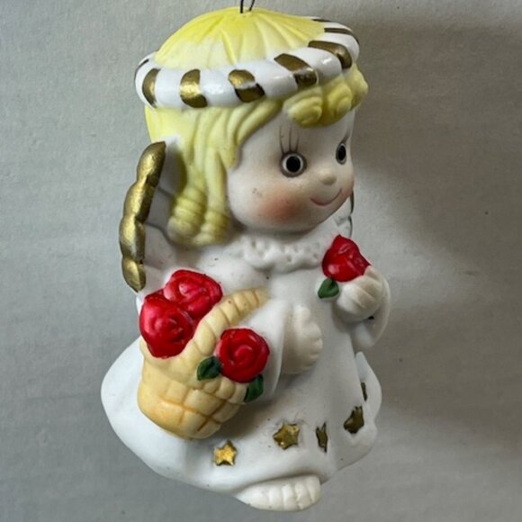 VTG 80's Angel Christmas Bell Tree Ornament Ceramic with Red Roses 2"x3" - Picture 4 of 13